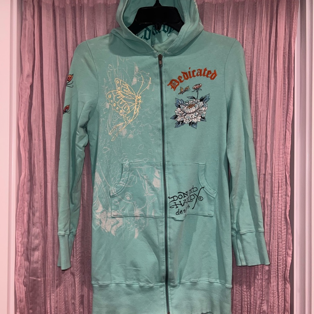 Ed Hardy Blue Graphic Jacket with Playful Designs